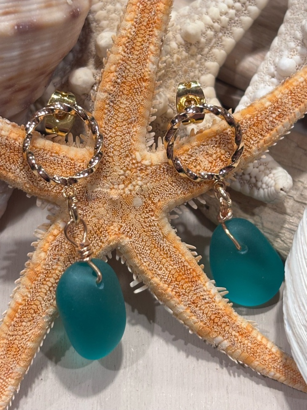 Gold Twist Circle Drop Earrings with Teal Green Sea Glass Pendant